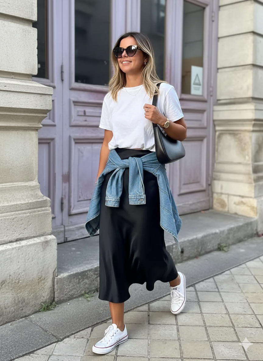 Jupe longue en satin portée avec une tenue habillée