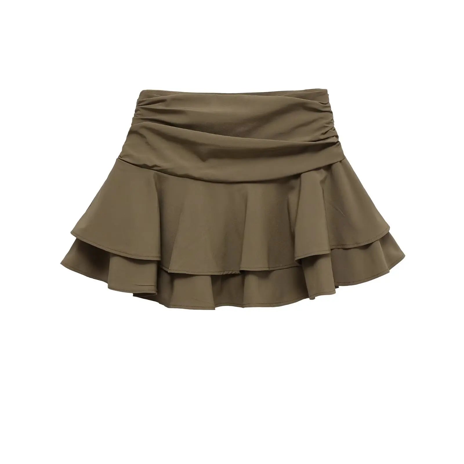 Jupe patineuse courte en tissu stretch kaki, style jeune et dynamique.