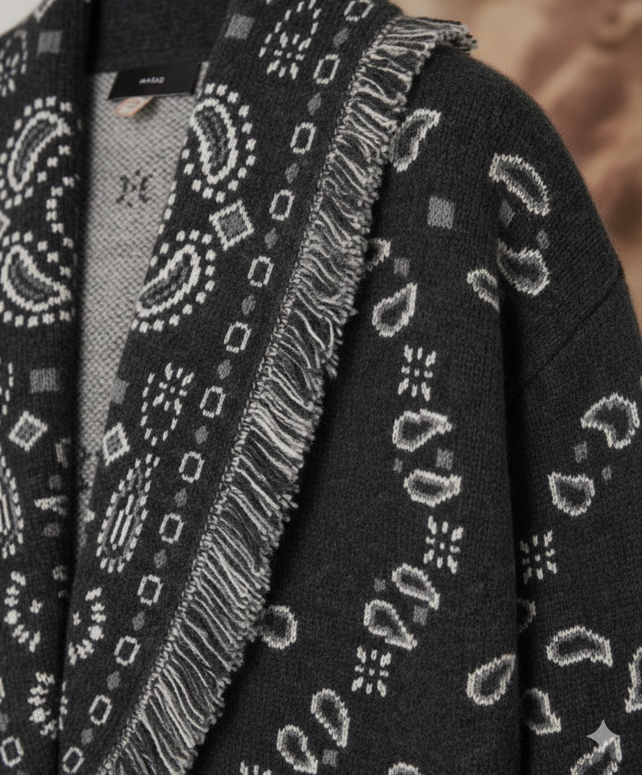 Cardigan court pour femme avec imprimé type bandana et franges.