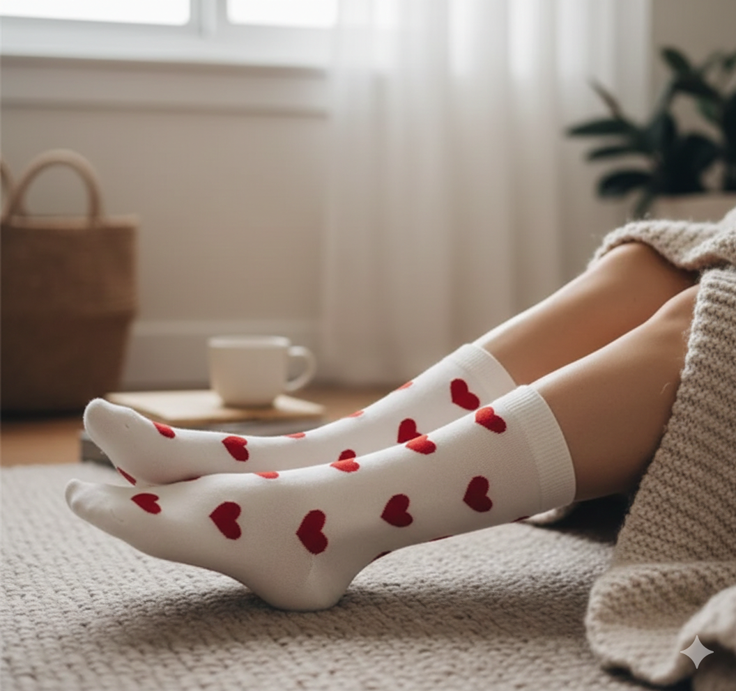 Chaussettes à cœurs portées lors d'un moment de détente cocooning à la maison.