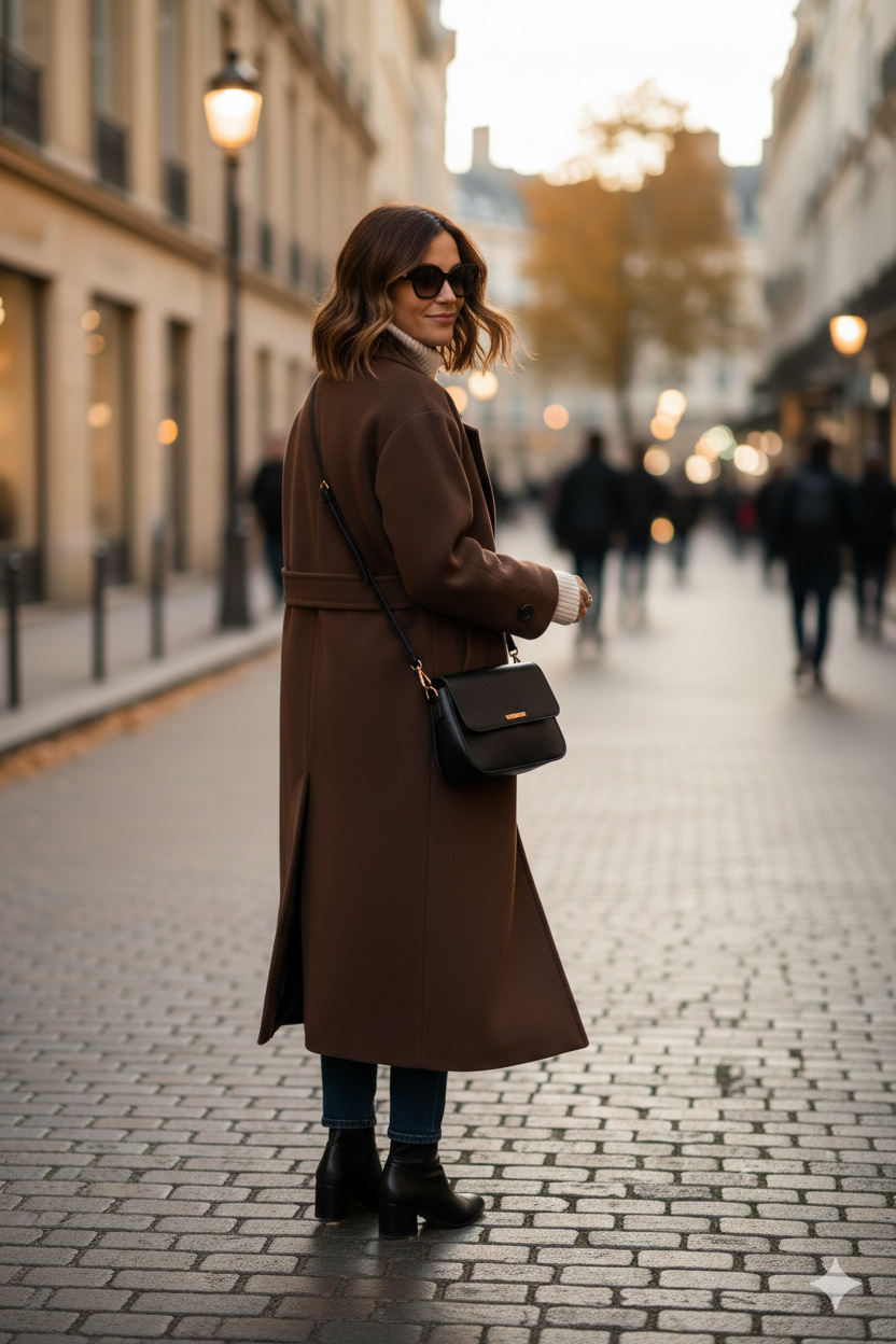 Tenue d'hiver avec un manteau long chocolat porté avec un sac à main et des bottines, illustrant un style urbain moderne.
