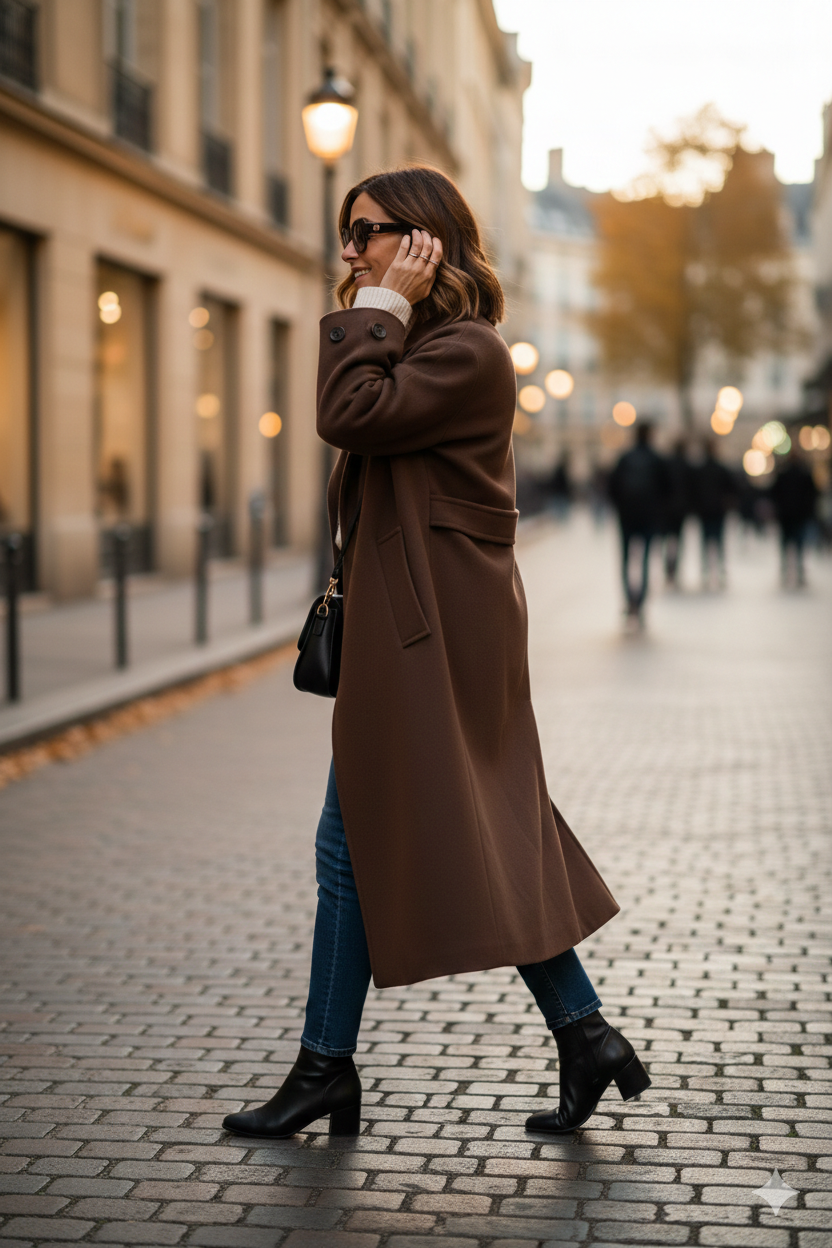 Femme portant un manteau long chocolat avec une tenue de ville, silhouette élancée et tendance automne-hiver.