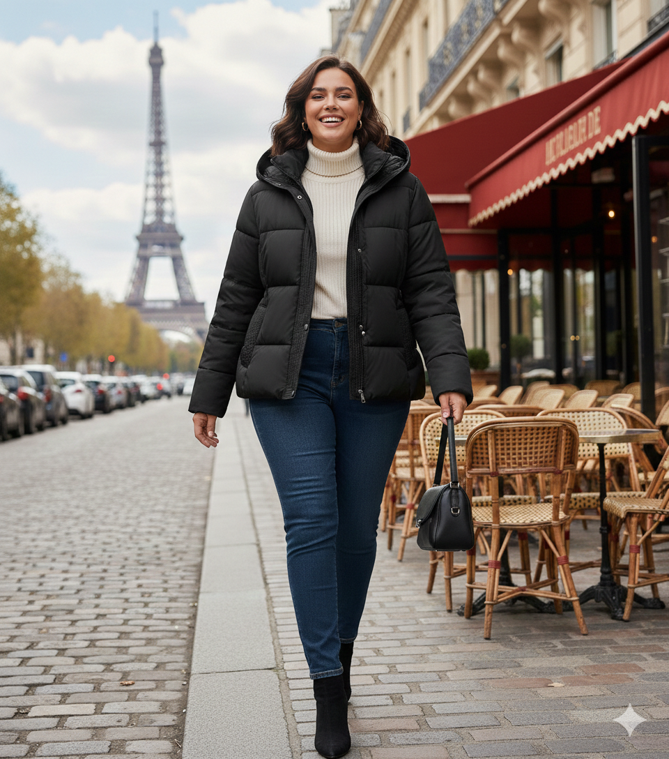 Parka matelassée noire pour femme avec ceinture, silhouette slim de prestige.