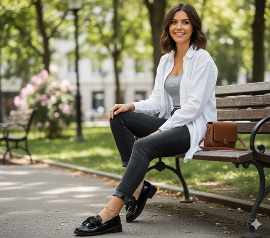 Paire de mocassins brillants finition miroir portés avec un pantalon de tailleur pour un look bureau.