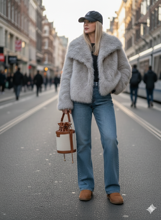 Manteau court fausse fourrure femme porté en tenue