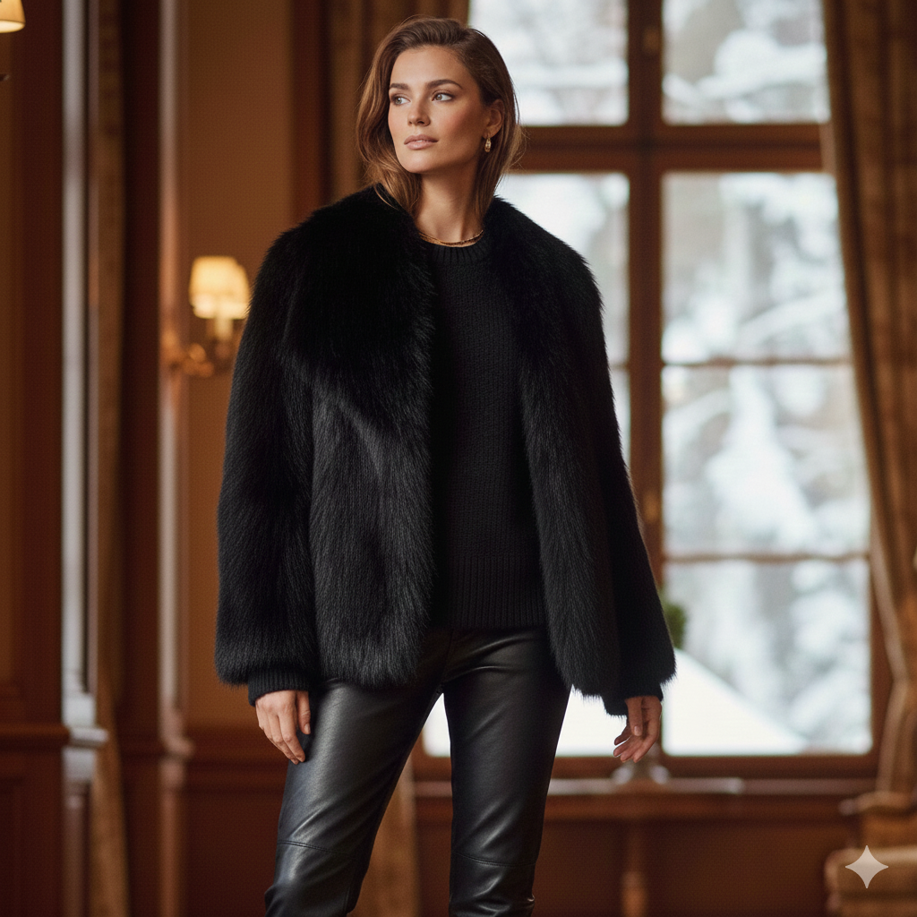 Détail matière fausse fourrure manteau court femme
