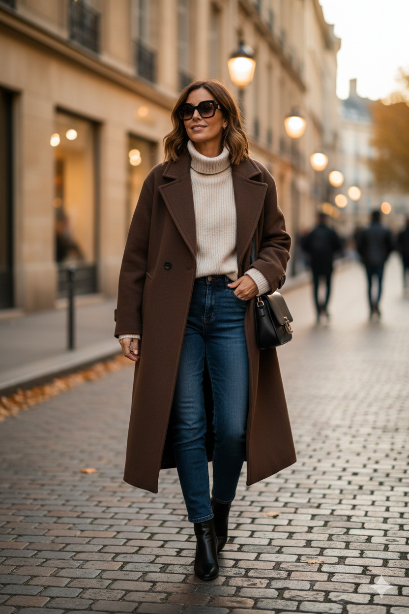Manteau long femme coloris chocolat à coupe droite structurée, idéal pour un look hivernal moderne.