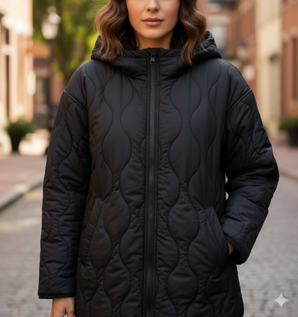 Manteau matelassé long porté avec tenue casual