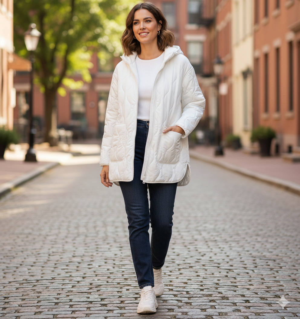 Manteau matelassé long porté avec tenue casual