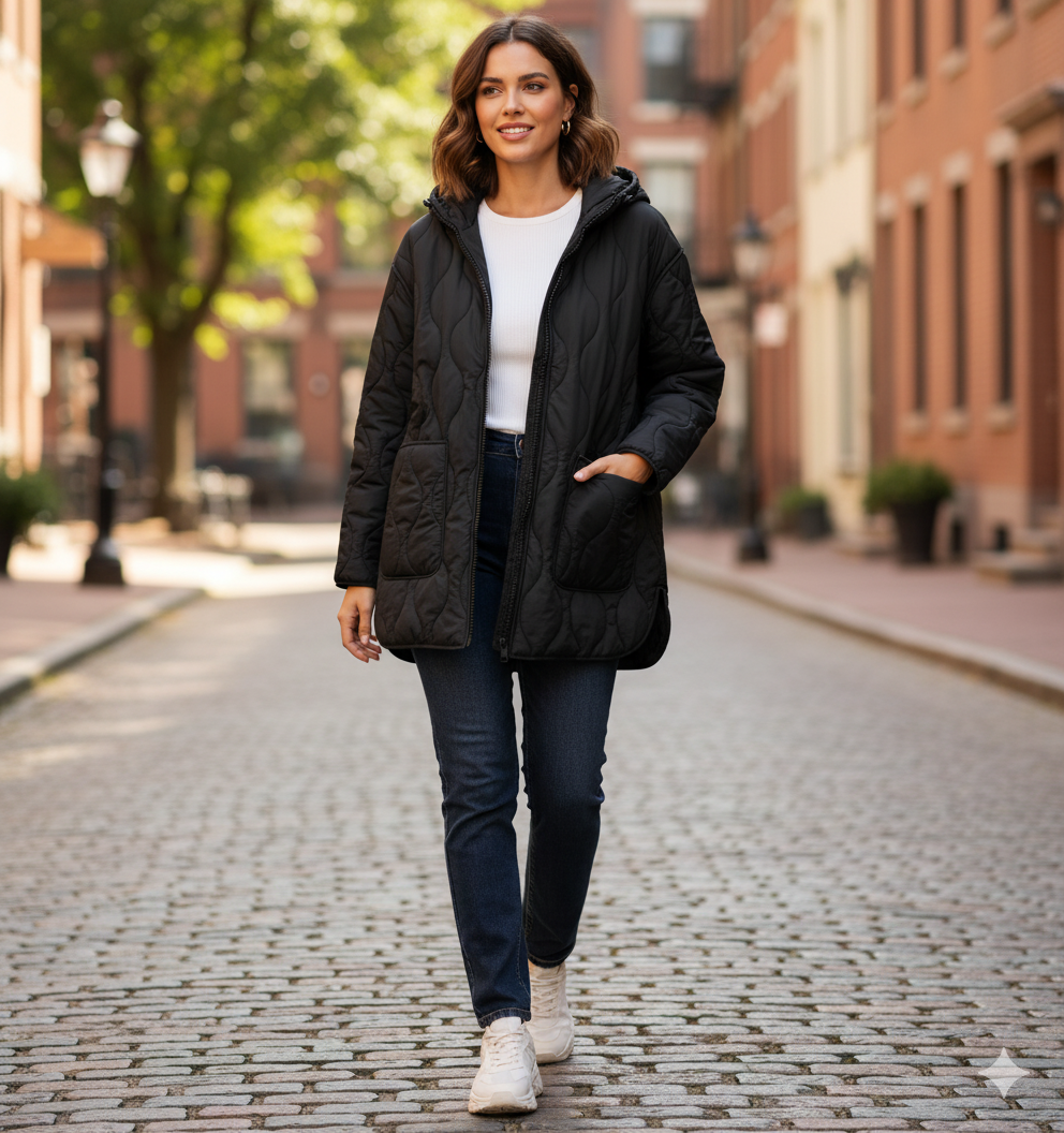 Manteau matelassé long porté avec tenue casual