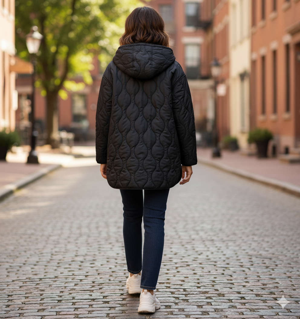 Manteau matelassé long porté avec tenue casual