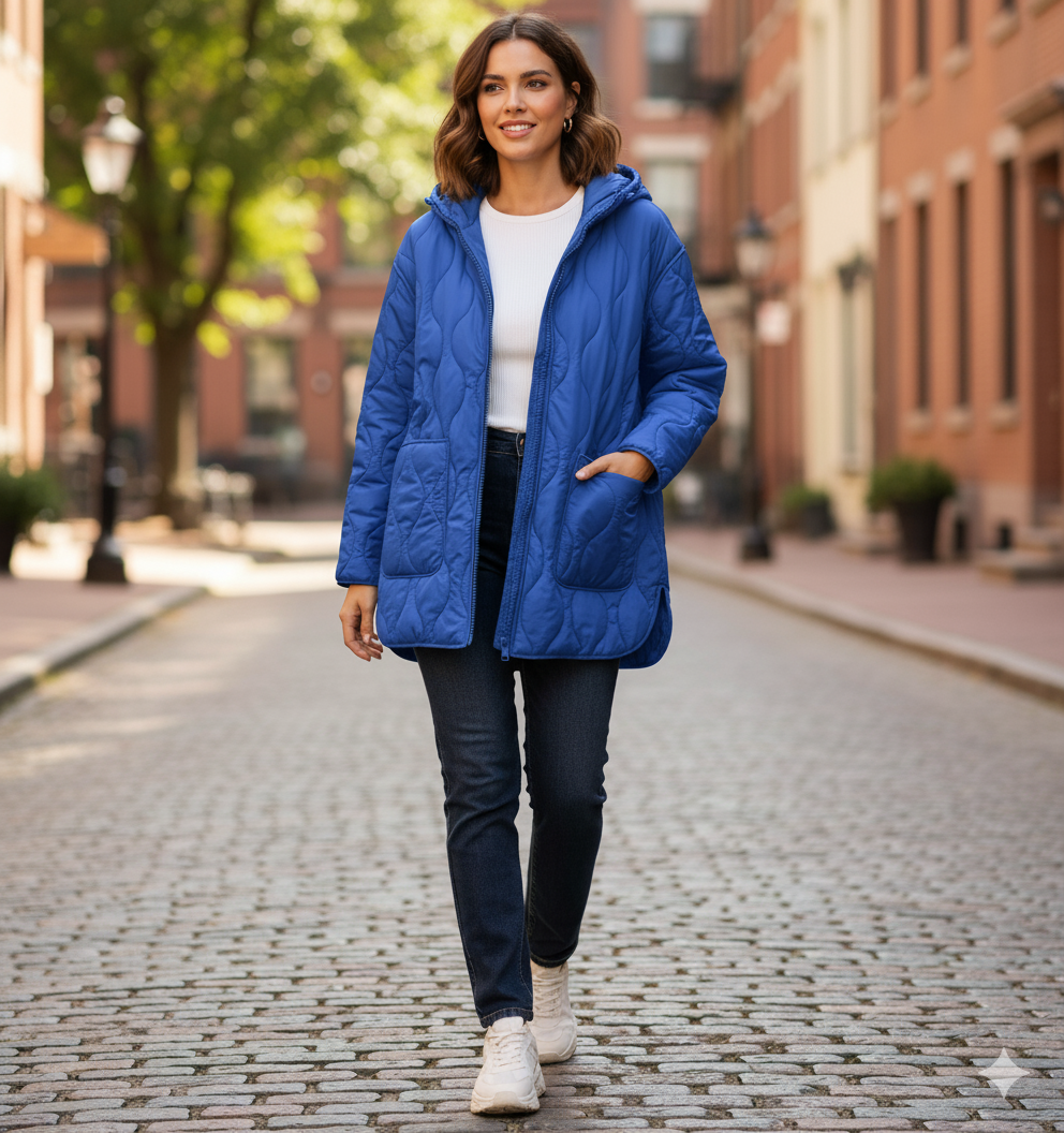 Manteau matelassé long porté avec tenue casual