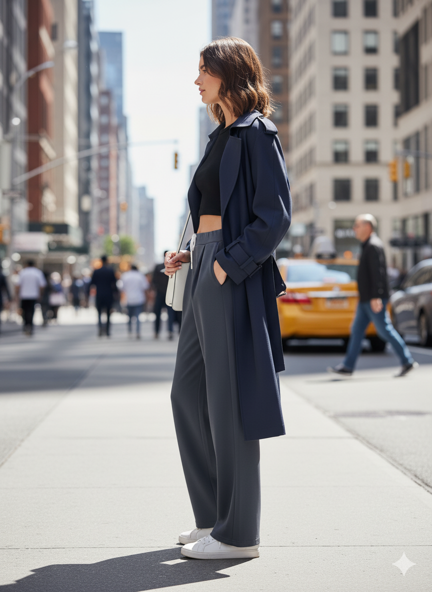 Pantalon tailleur porté avec une tenue élégante