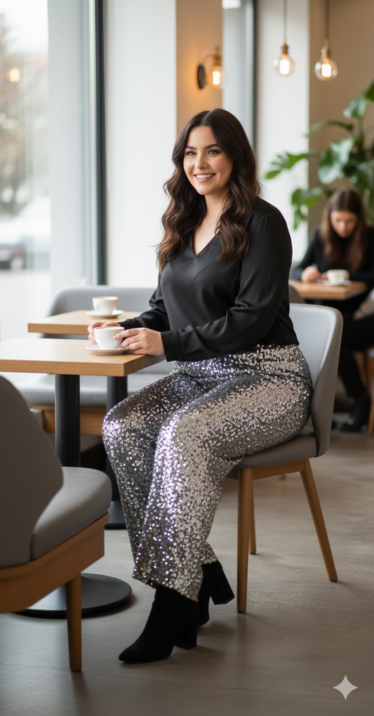 Ce pantalon pailleté femme apporte élégance et glamour à toutes vos tenues de soirée. Une pièce chic et scintillante pour briller à chaque occasion.
