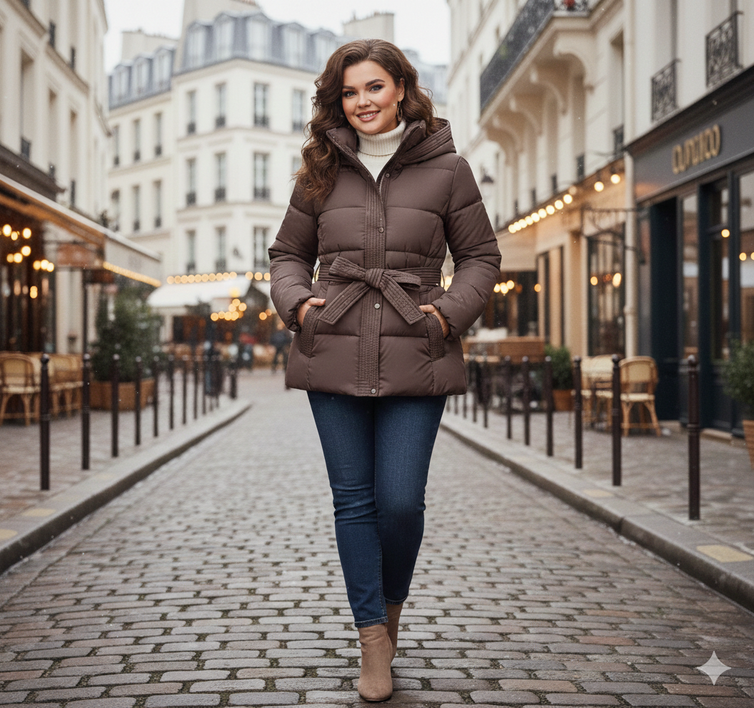 Parka longue matelassée noire pour femme avec ceinture, silhouette slim de prestige.