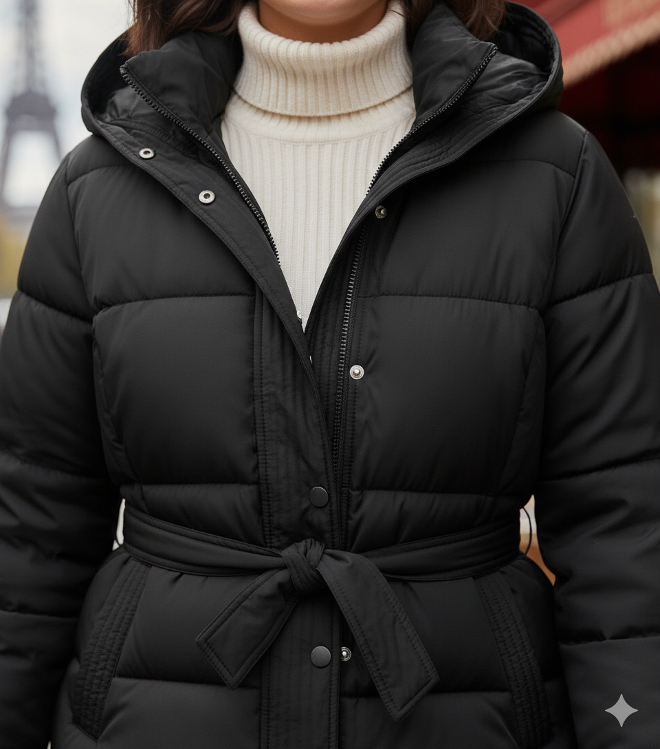 Parka longue matelassée noire pour femme avec ceinture, silhouette slim de prestige.