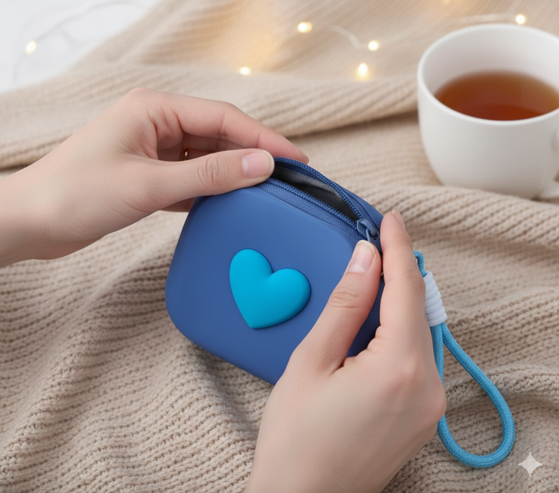 Étui de protection pour écouteurs sans fil en forme de cœur avec fermeture éclair.