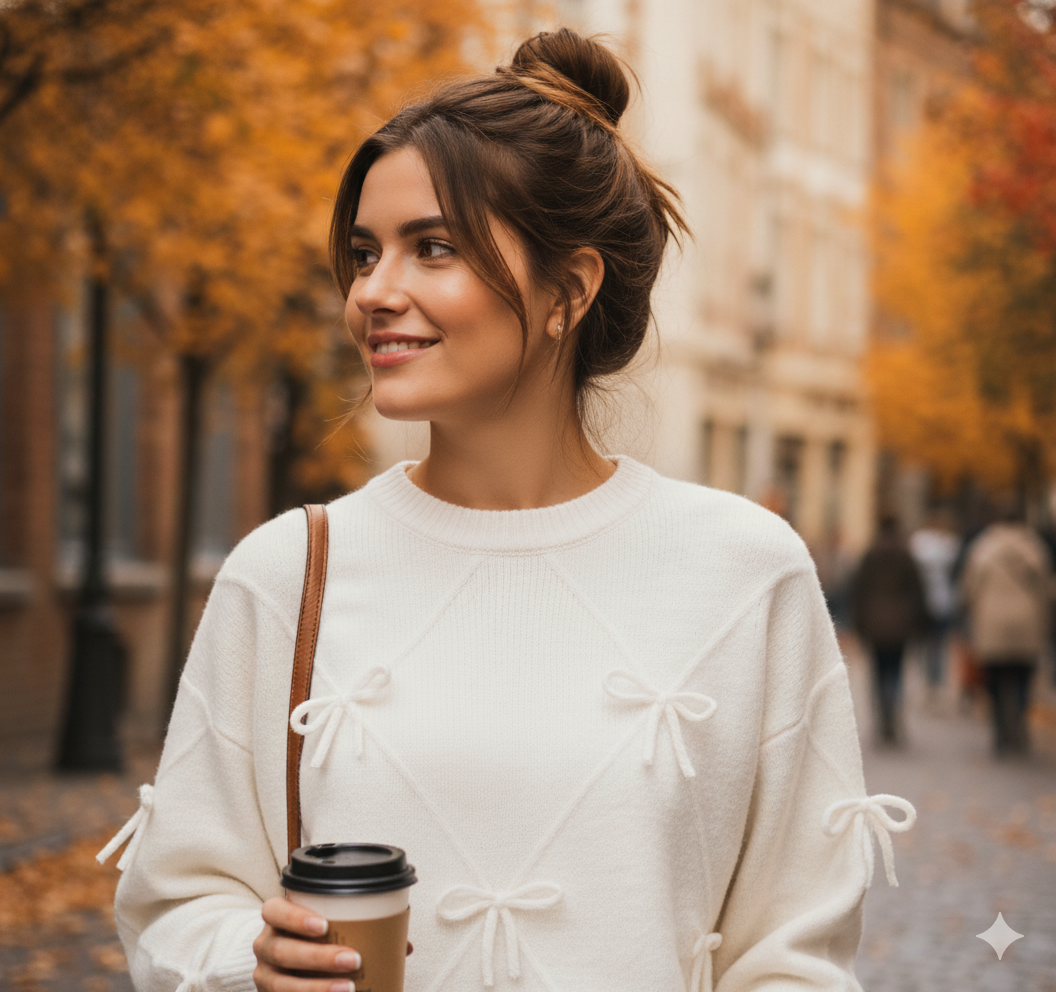 Pull femme à petits nœuds vu de face avec détails décoratifs