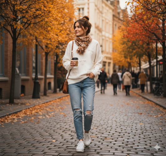 Pull femme à petits nœuds vu de face avec détails décoratifs