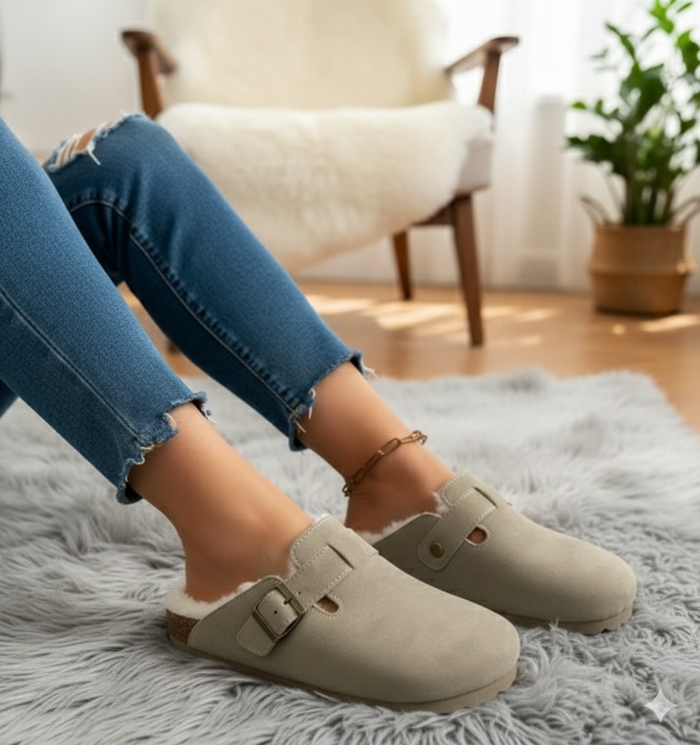 Sabots fourrés portés pour un look cosy