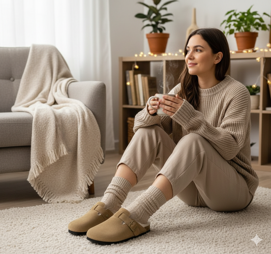 Sabots fourrés portés pour un look cosy