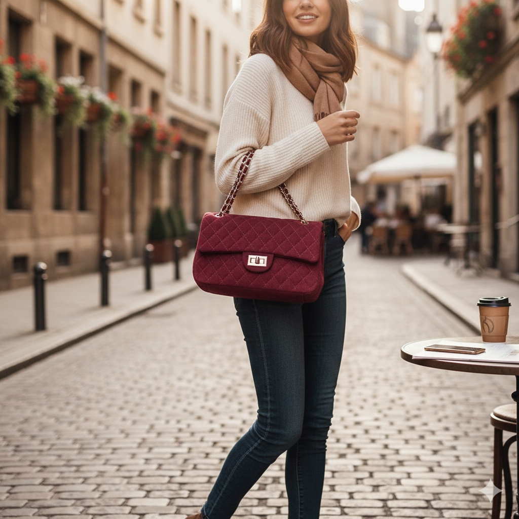 Sac à main en suédine porté avec une tenue élégante
