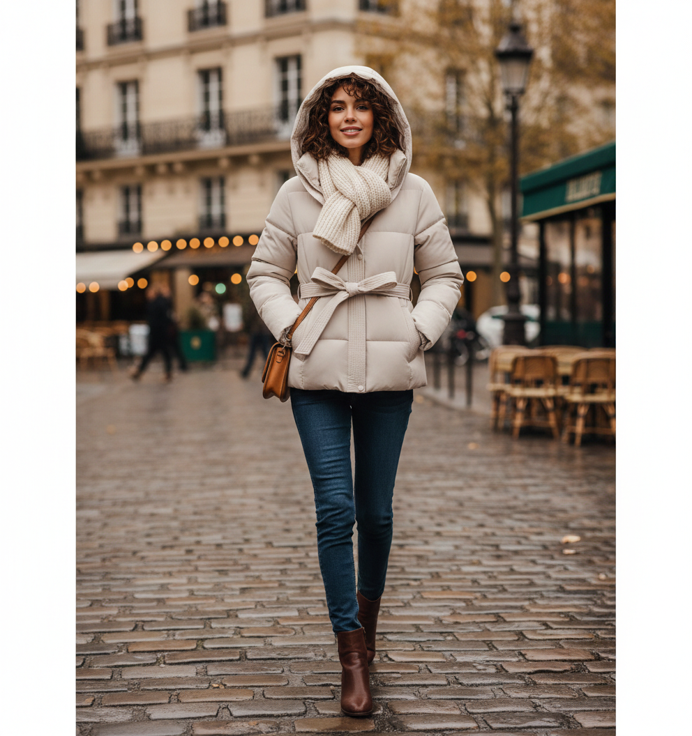 Parka longue matelassée noire pour femme avec ceinture, silhouette slim de prestige.