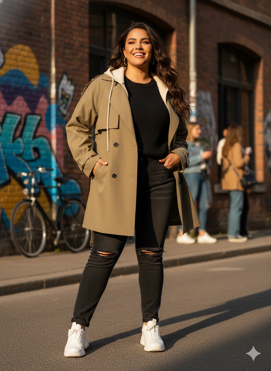 Trench coat fluide beige avec capuche et ceinture, allure de prestige.