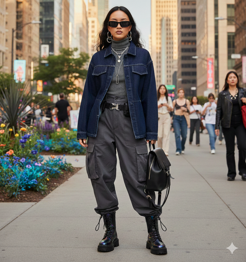 Veste légère en denim portée avec une tenue casual