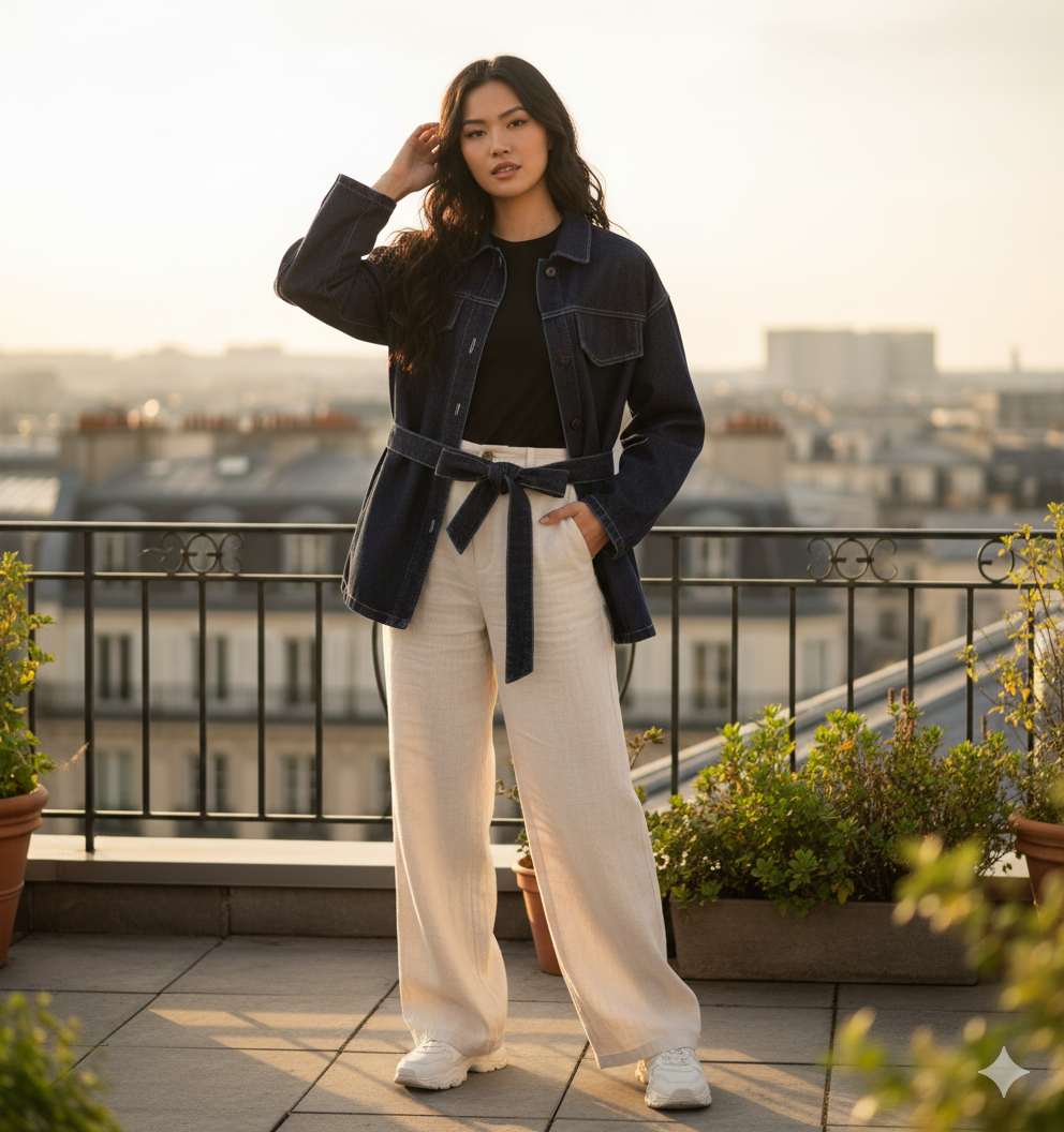 Veste légère en denim portée avec une tenue casual