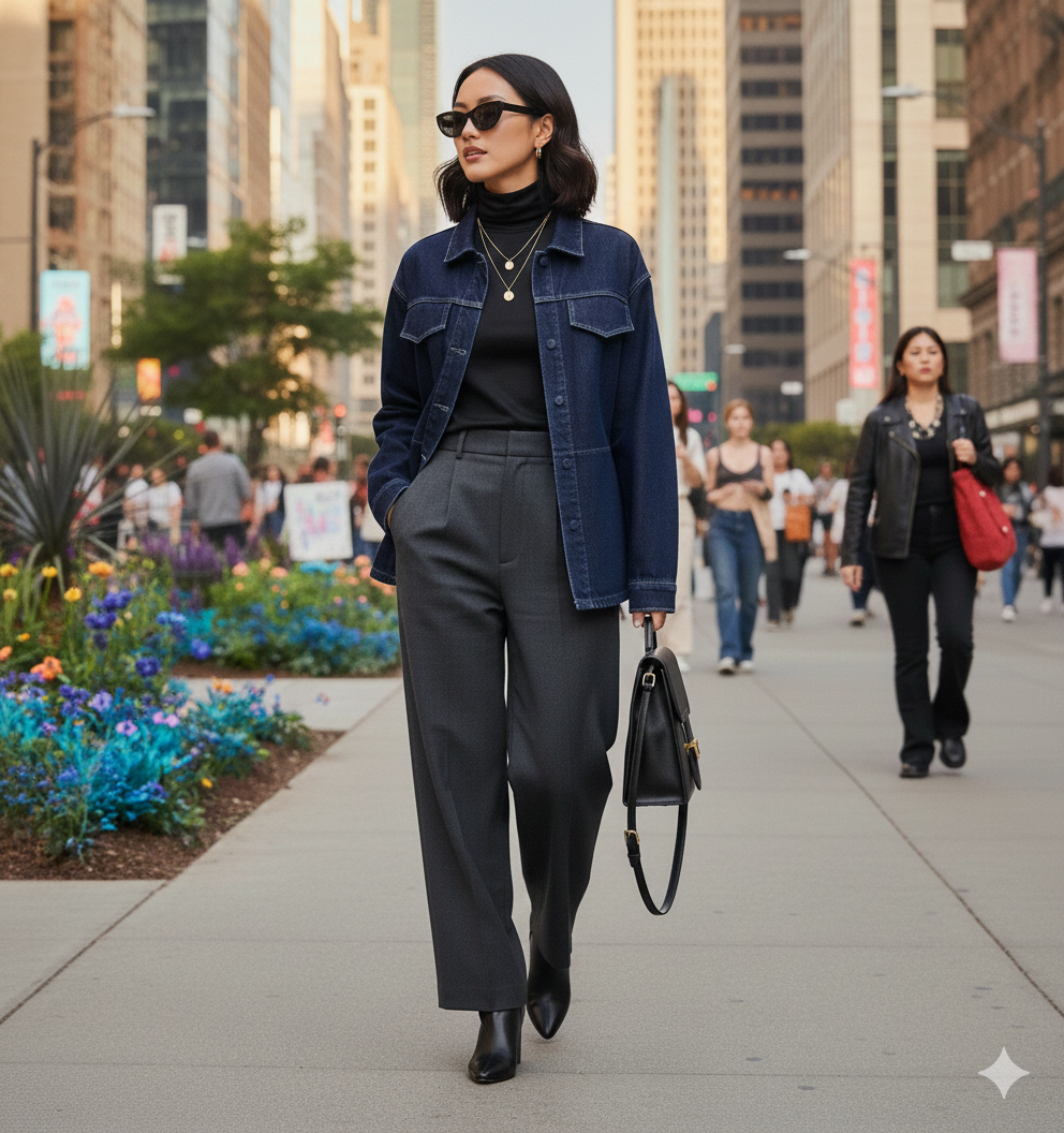 Veste légère en denim portée avec une tenue casual