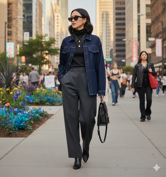 Veste légère en denim portée avec une tenue casual