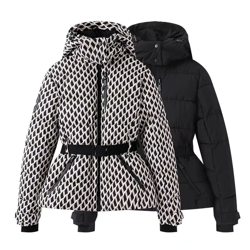 Veste de neige imperméable avec capuche, idéale pour les activités hivernales.