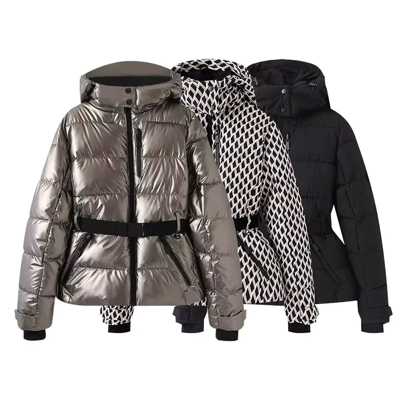 Veste de neige imperméable avec capuche, idéale pour les activités hivernales.