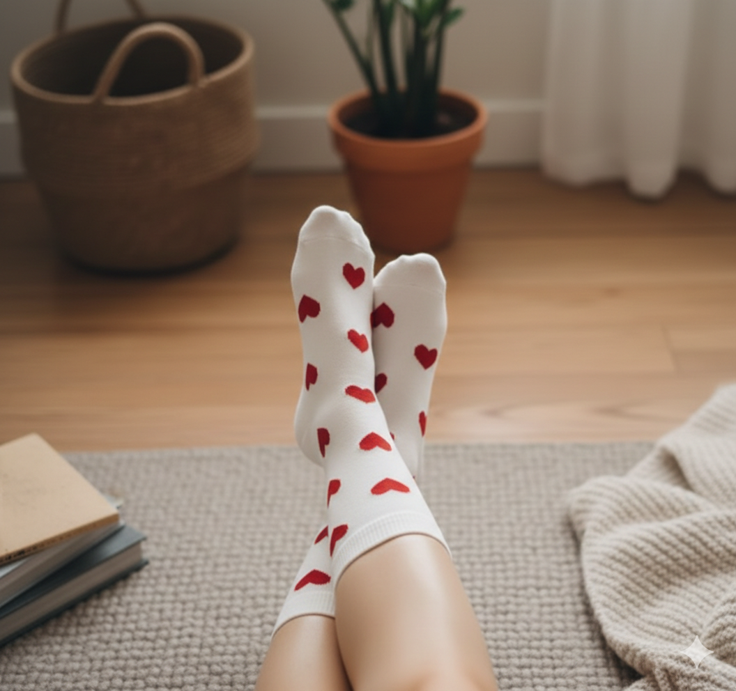 Gros plan sur la maille de haute qualité et le motif cœur brodé des chaussettes de détente.