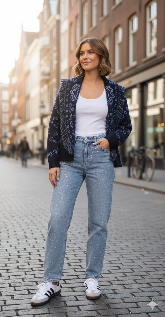  Cardigan court pour femme avec imprimé type bandana et franges.